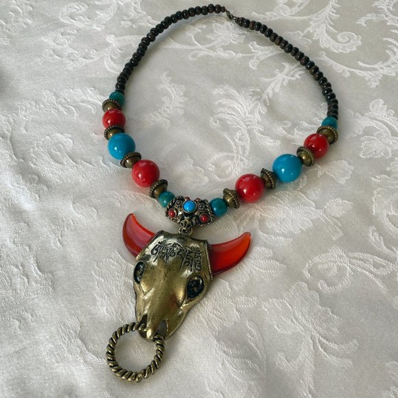 Tibetan Necklace Yak Head, Red Horns, Red and Turquoise Color Beads, Wood Beads - Picture 4 of 9